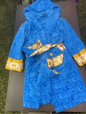 Versace Kids Bright Blue Hooded Robe with Gold Accents